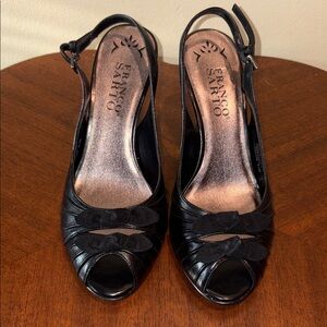 Franco Sarto  heels Leather Peep-Toe Slingback wedge heels  Black/ front 2
Bows